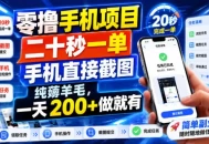 零撸手机项目，二十秒一单，手机直接截图，纯薅羊毛，一天200+做就有