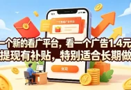 一个新的看广平台，看一个广告1.4米，提现有补贴，一台手机一天撸20，特别适合长期做